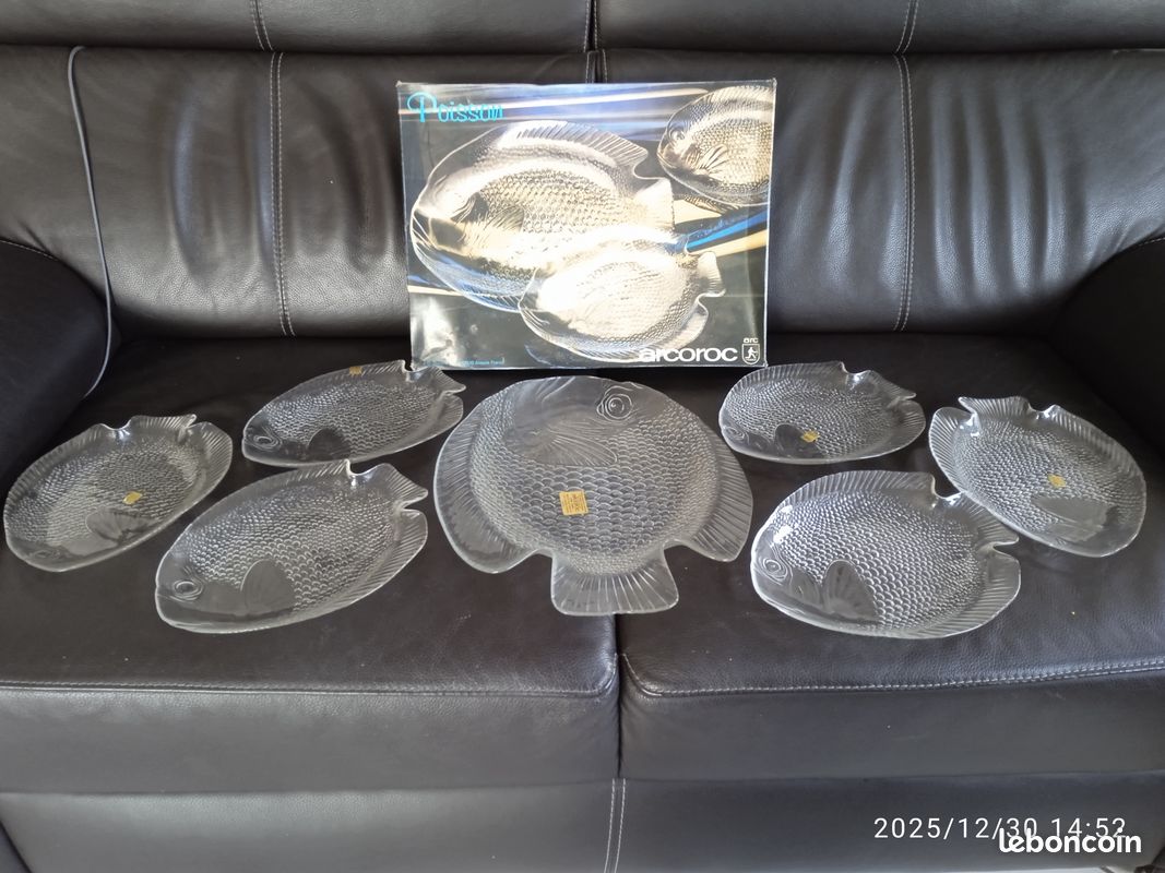 Service à Poisson En Verre Arcoroc 7 Pièces - Plateau Vintage 1970