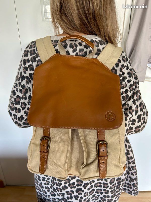 Sac à dos vintage marque nature et découvertes cuir et coton (image 1)