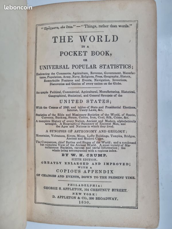 Livre ancien 1850 – The World in a Pocket Book – Statistiques & histoire mondiale (image 1)