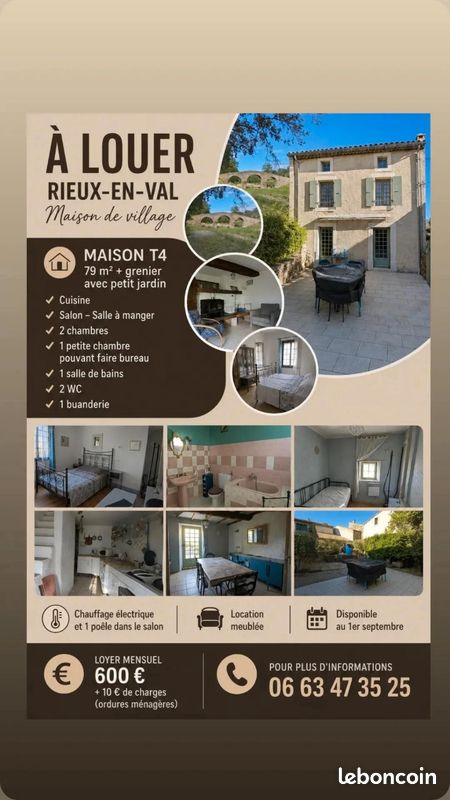 Maison 4 pièces 79 m² · à Rieux-en-Val · 79 m² · 615 €