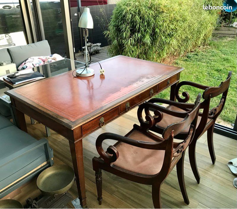 Ensemble bureau et 2 fauteuils style Empire bois massif et cuir (image 1)