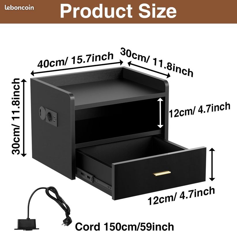 Lot de 2 tables de chevet suspendues avec prise LED (image 5)
