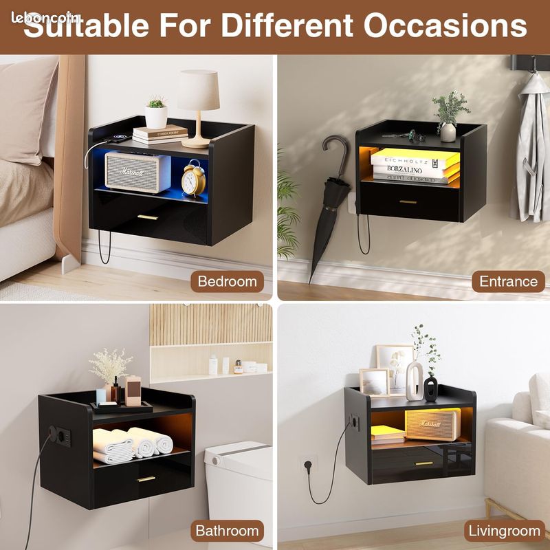Lot de 2 tables de chevet suspendues avec prise LED (image 3)