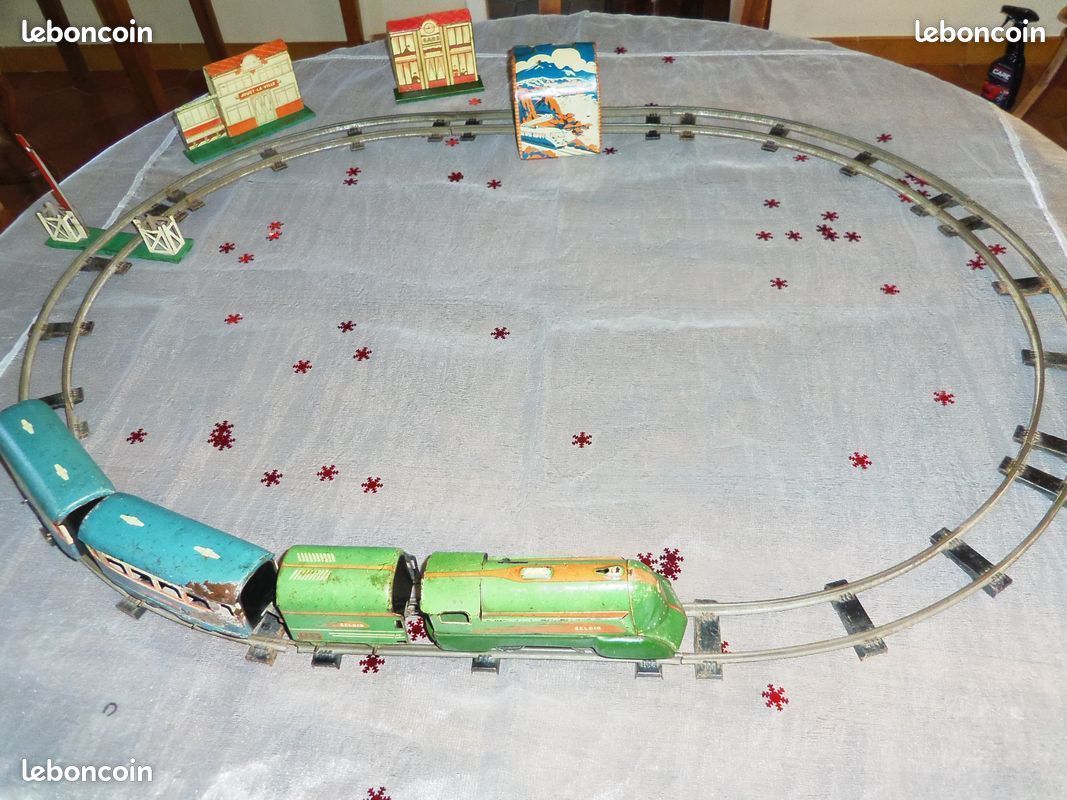 Ancien Train En Tôle Eclair Rossignol - 2 Wagons + Rails - Jouet Vintage