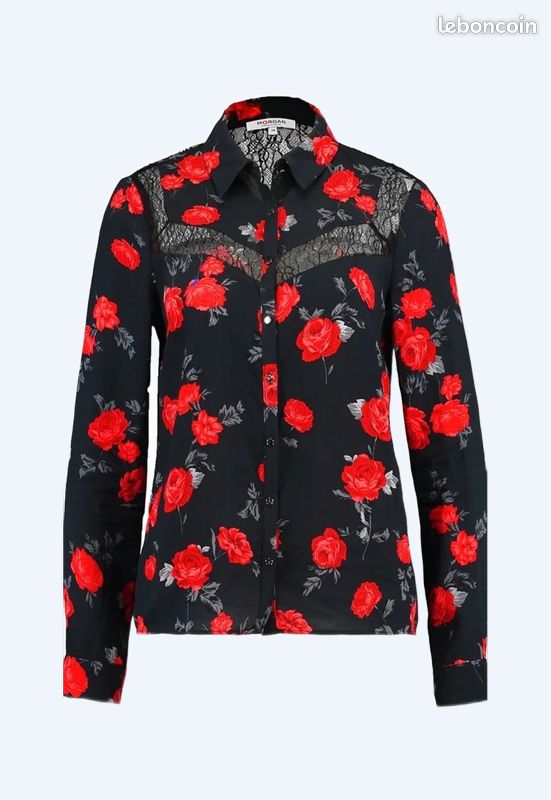 Blouse Noire à Fleurs Mango Taille L (40/42) - Occasion En Très Bon état, Manches Longues, Col Rond, Motif Floral