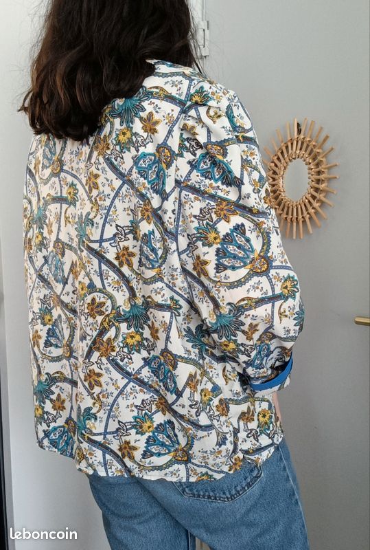Blouse bleue blanc vintage col volanté imprimé folk bohème 70s 80s (image 6)