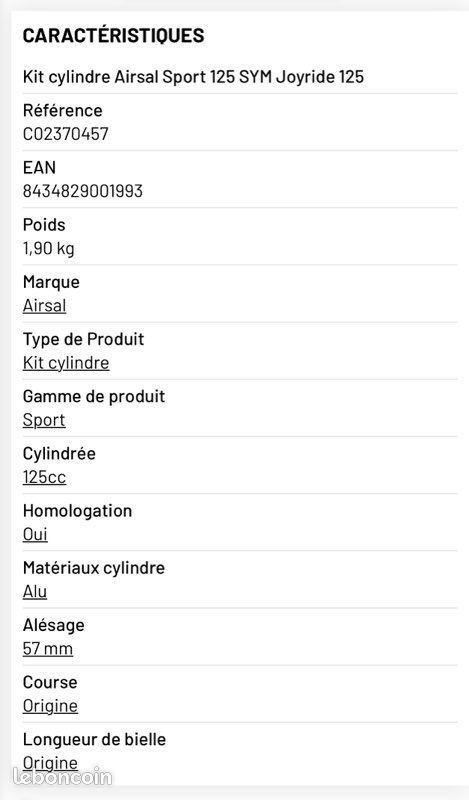 Kit cylindre AIRSAL 57mm Sym 125 GTS 2006-2019 HD 2005-2011 Joyride 2002-2016 (image 3)