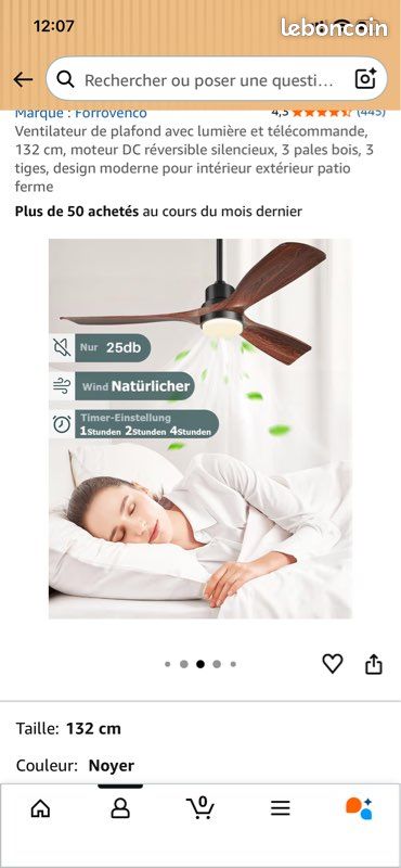 Ventilateur de plafond moderne 132 Cm avec lampe led télécommande