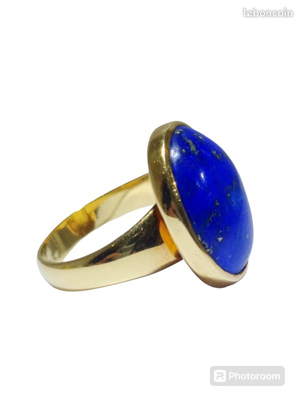 Bague En Or 750/1000 (18 Carats) Avec Lapis-lazuli Rond Cabochon - Poinçon Tête D'aigle, Occasion