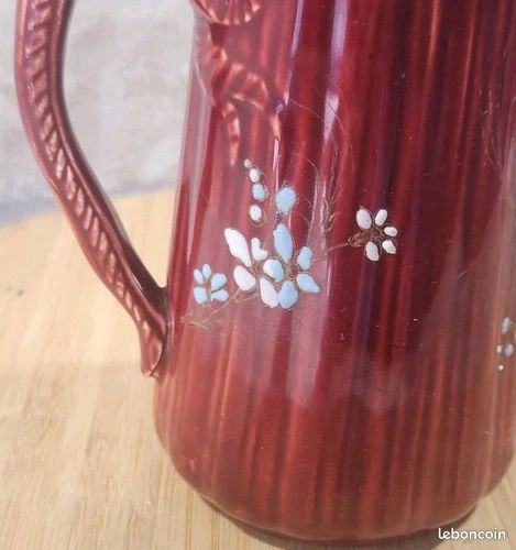 Ancien Rare Cafetière Rouge A Couvercle Barbotine Fleurs Émaillée KG LUNÉVILLE (image 3)