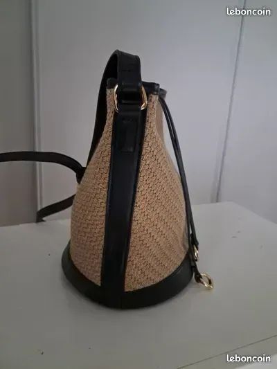 Sac à main noir et beige tressé avec bandoulière, fond rond NEUF 10 (image 3)