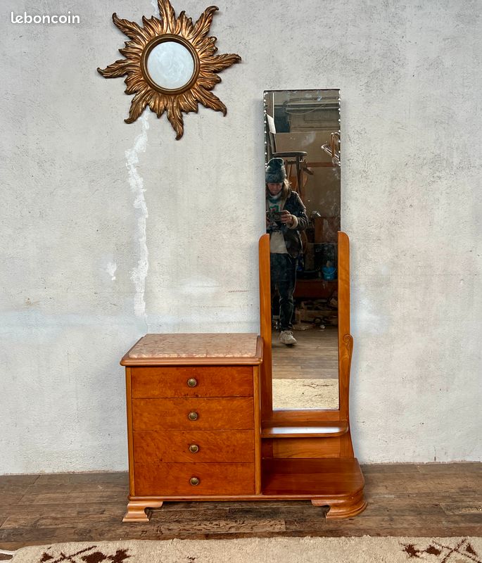 Coiffeuse Art Déco En Bois Massif - Table De Toilette Ancienne Avec Tiroir (90cm)