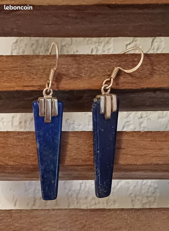Boucles D'oreilles Pendantes Argent 925 Et Lapis-lazuli - Style Ethnique - Fermoir Clips - Occasion