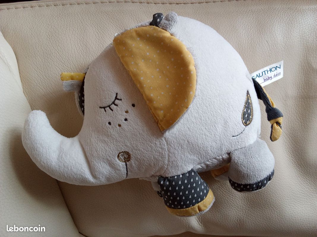 Doudou peluche éléphant blanc gris Sauthon peluche yeux dormeurs fermés il dort modèle haut 20 cm baby déco peluche feuille tissu jaune queue plus noeud d'occasion grands cils (image 6)