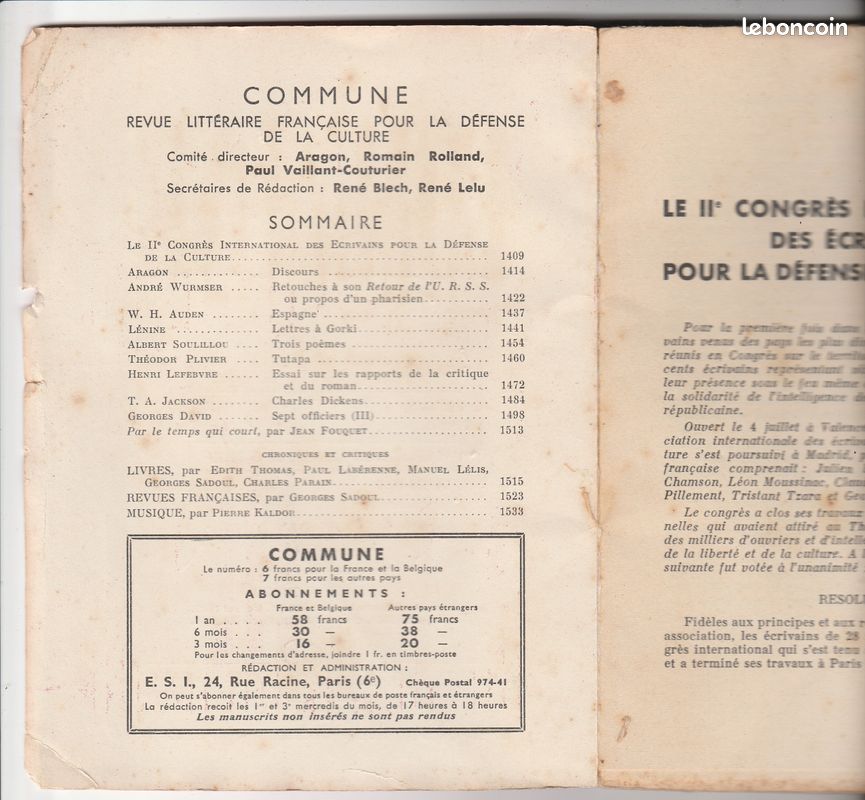 Commune # 48 août 1937 AEAR Association des Écrivains et Artistes Révolutionnaires Guerre Espagne (image 2)