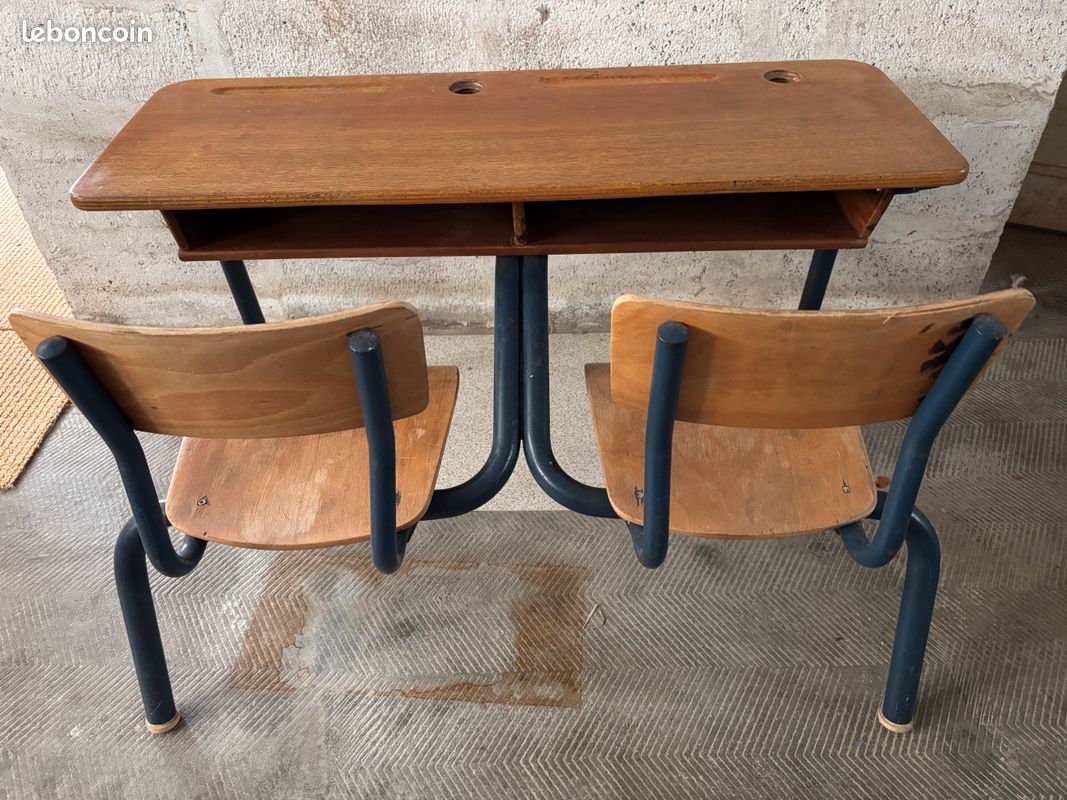 Bureau d’école vintage en bois et métal (image 4)
