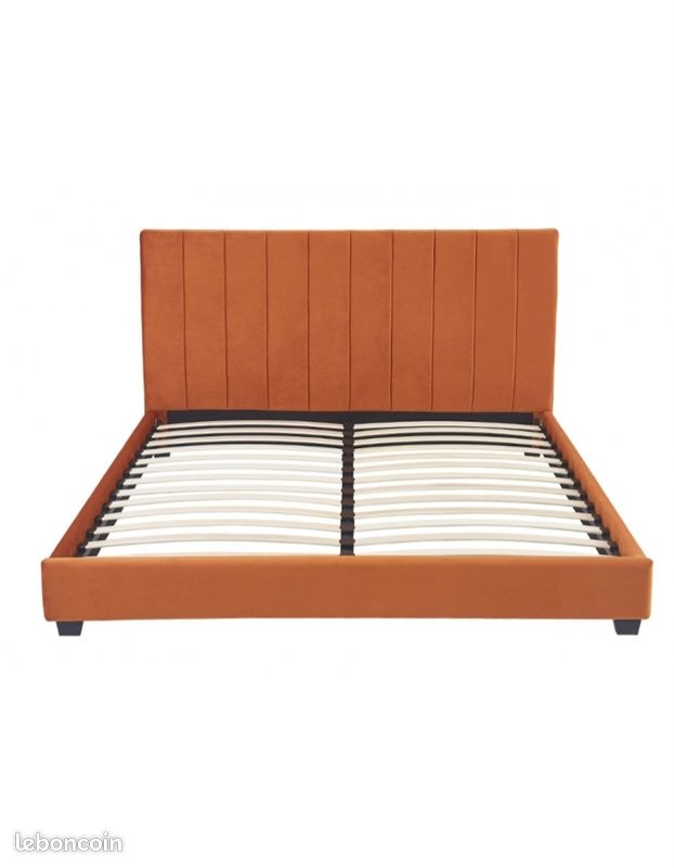 Lit adulte 140x190 cm avec tête de lit capitonnée en velours terracotta (image 3)