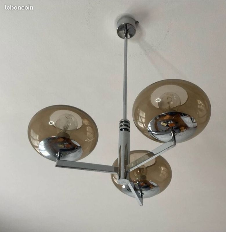 Lustre 3 feux du designer italien Gaetano Sciolari chromé et verre fumé - Années 70 - Vintage (image 5)