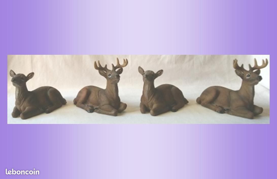 Figurines : 2 couples composés d’un cerf et d’une biche couchés (soit 4 pièces au total), en résine colorée rappelant leurs couleurs naturelles, à poser, à l’intérieur voire à l’extérieur | TBE (image 1)