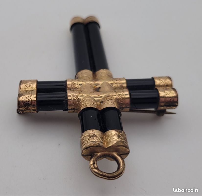 Broche Ancienne Plaquée Or Et Onyx XIXe Siècle - Bijou De Deuil Napoleon III - Occasion