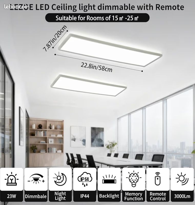 LEZOE LED plafondlamp, dimbaar met afstandsbediening, 58x20x2,8cm, 23W 3000LM (136lm/W), 2700K-6500K, dimbare LED, kantoor plafondlamp paneel voor keuken, woonkamer, slaapkamer, badkamer