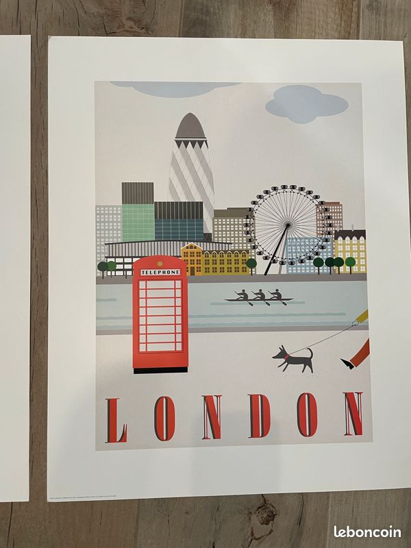 2 Affiches Posters illustrations London New-York Ikea Trilling voyages Building cabine rouge Tamise London Eye Grande roue St Mary Axe Le Cornichon vintage (image 3)