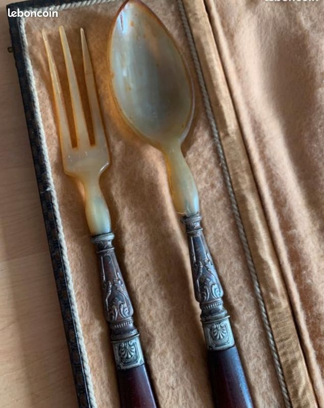 Couverts à salade en os et métal plaqué argent, ancien vintage (image 3)