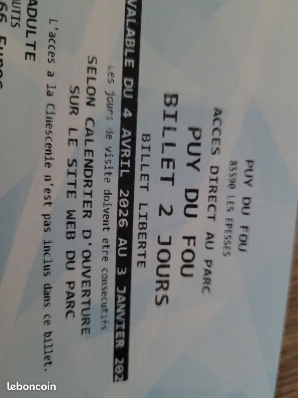 Billets puy du fou 2 jours – non datés – 4 adultes – valables saison 2026 (image 1)