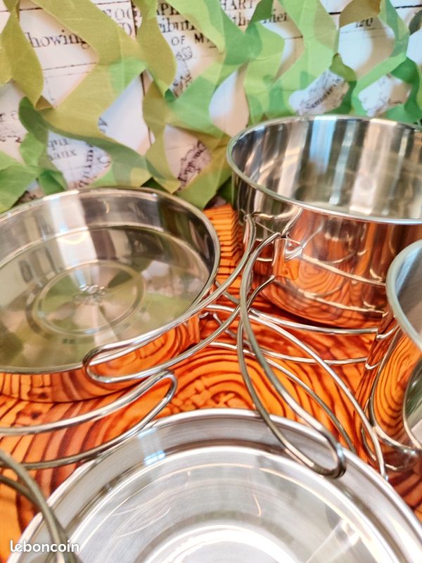 BILIPLE Set De Cuisine Camping 7 Pièces – Acier Inoxydable 304 – Léger 647g – 2 Poêles, 1 Casserole, 1 Poêle-assiette, Couteau-Fourchette-Cuillère – Pour 1-2 Personnes