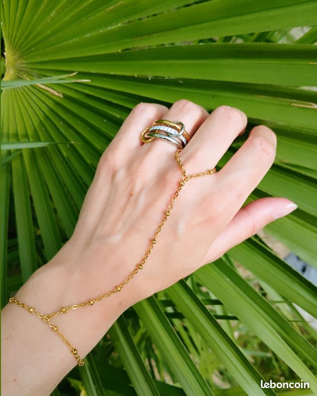 Chaine de main en acier inoxydable doré Bague Bracelet chaine perlée or Bracelet de main imperméable Bijou tendance Cadeau Saint-Valentin (image 1)
