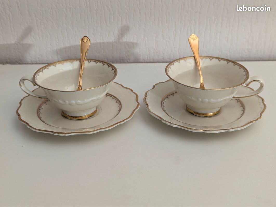 Lot 4 Tasses à Café/thé Porcelaine - Liseré Doré - 6 Cuillères - Décor Floral - Vintage