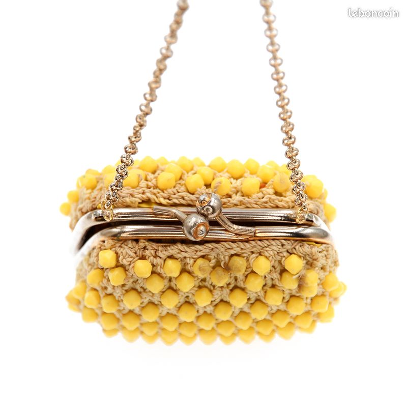 Porte-monnaie Vintage Années 60 en Perles Jaunes Citron, Fermoir Doré, Chaînette Amovible, Accessoire Rétro Élégant (image 5)