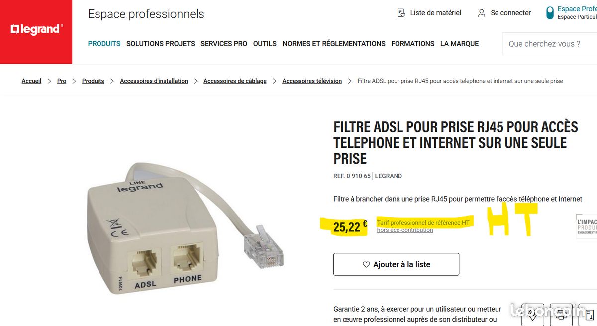 Matériel NEUF LEGRAND : ref 91065 filtre ADSL RJ (val 30e) (image 1)