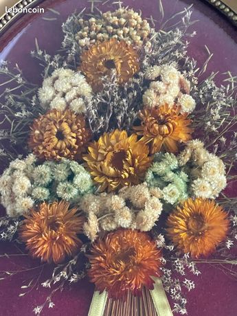 Lot De 4 Cadres Métal Doré Verre Bombé Avec Fleurs Séchées Vintage