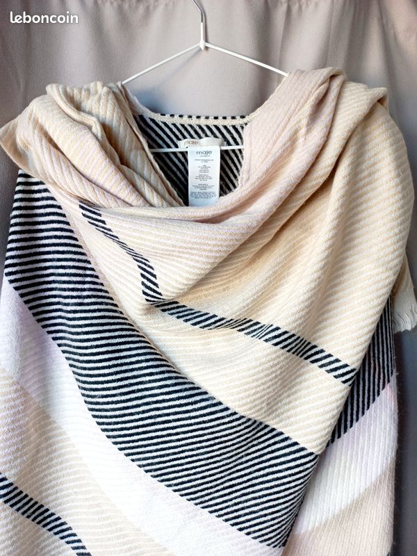 Poncho Cape Maje En Laine Mélangée - Taille Unique Beige Camel Et Gris - Occasion Très Bon état