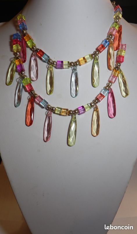 Collier Ancien à Facettes Irisées Multicolore – 2 Rangs, Occasion