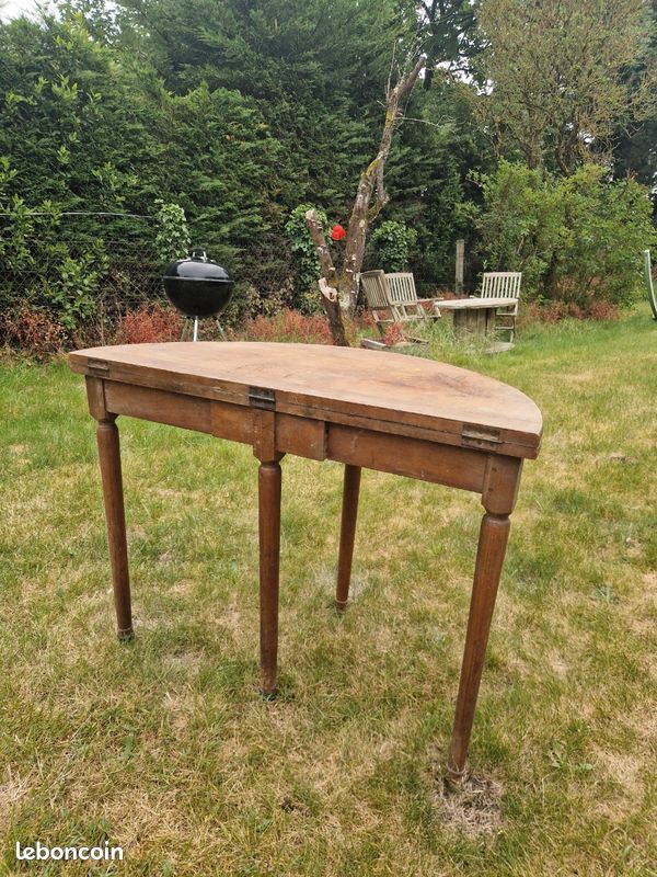 Table demi-lune ancienne XIXe – bois massif, pieds tournés – transformable en ronde (image 2)