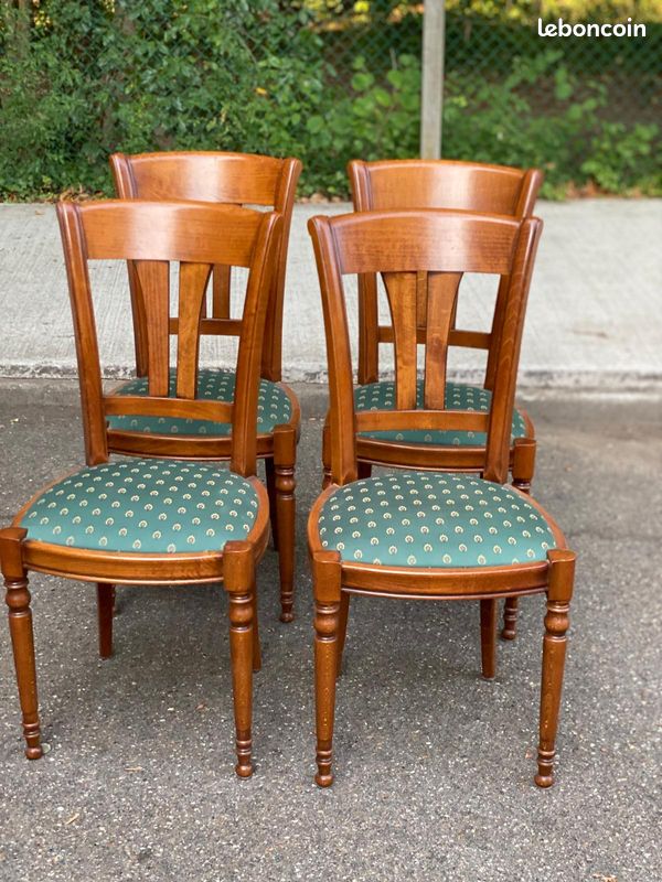 4 chaises de salle à manger en bois massif et tissu vert Louis Philippe 1980 (image 1)