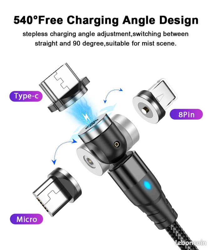 Câble USB 1m magnétique articulé 360° + 180° type-C pour charger samsung Xiaomi avec embout pivotant (image 6)