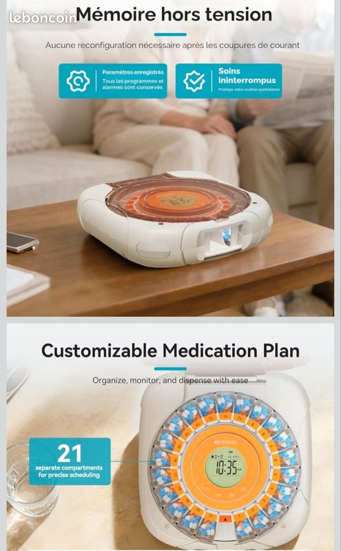 Grand Pilulier Automatique Intelligent NEUF sous cellophane 21 Compartiments Distributeur de Médicaments RETEKENESS TH017 Écran LCD 9 Alarmes Verrouillage Sécurisé Simple pour seniors (image 14)