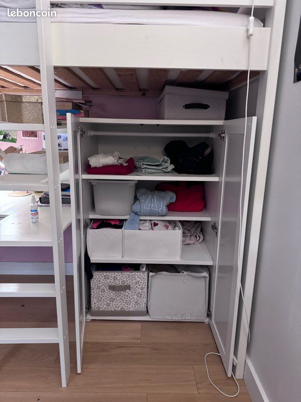 Lit mezzanine avec bureau (+ armoire avec miroir + meuble rangement sous le bureau) (image 4)
