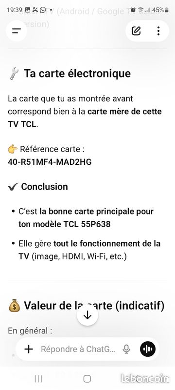 “Carte mère TV TCL 55P638 – réf 40-R51MF4-MAD2HG” (image 6)