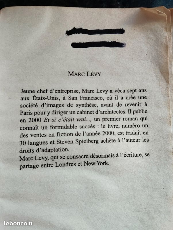 Marc Levy et si c'était vrai livre roman pocket
Un peu usé
À venir chercher ou livraison à proximité
Envoi rapide proposé
Pas de PayPal ni paylib ni paye pas
Merci (image 6)