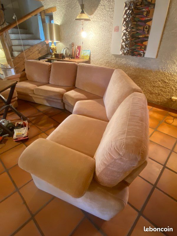 Canapé d’angle vintage en velours - avec pouf (image 3)