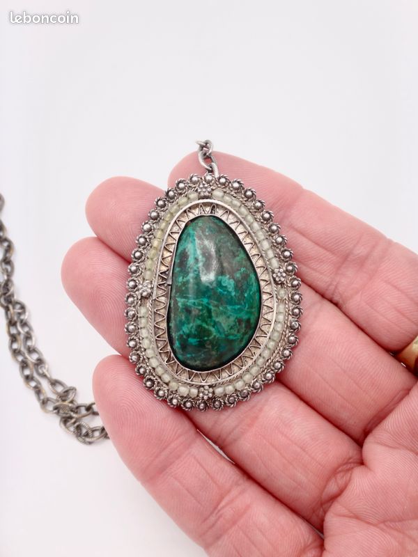 Ancien Pendentif & Broche en Argent Massif 925 et Pierre