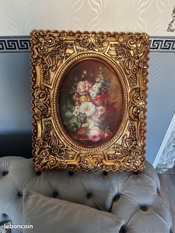 Très grand cadre ancien vintage rococo baroque résine peinture huile fleur Bohême Champêtre (image 1)