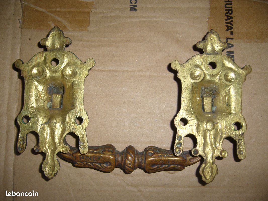 Poignée De Porte Ancienne En Bronze Avec Face Miroir Biseautée - Doré