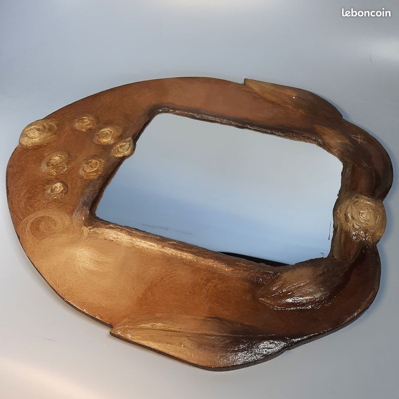 Ancien miroir organique signé Artisanat d'art vintage patine bronze 1970-1980 (image 4)