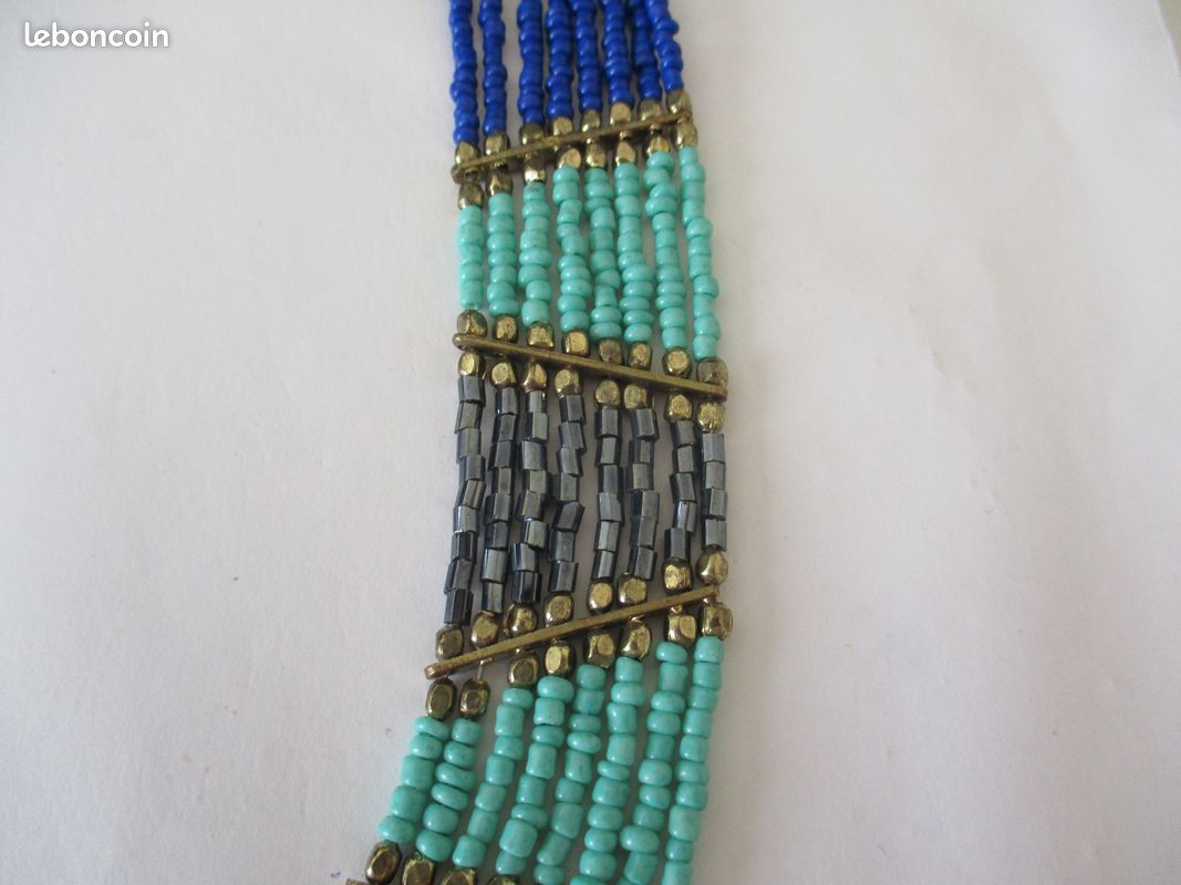 Collier Vintage En Perles De Pâte De Verre Bleues - Tubes Peints - Occasion Impeccable