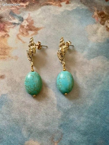 Boucles D'oreilles Anciennes En Or 18 Carats Avec Perles Et Turquoises - Occasion